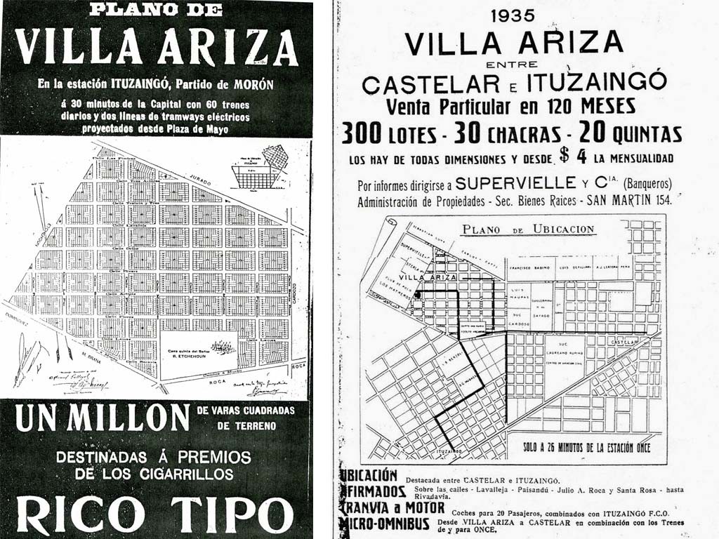 Folletos de los loteos de Villa Ariza. A la izquierda el realizado por Cigarrillos Rico Tipo. A la derecha, el realizado por Banco Supervielle. 
